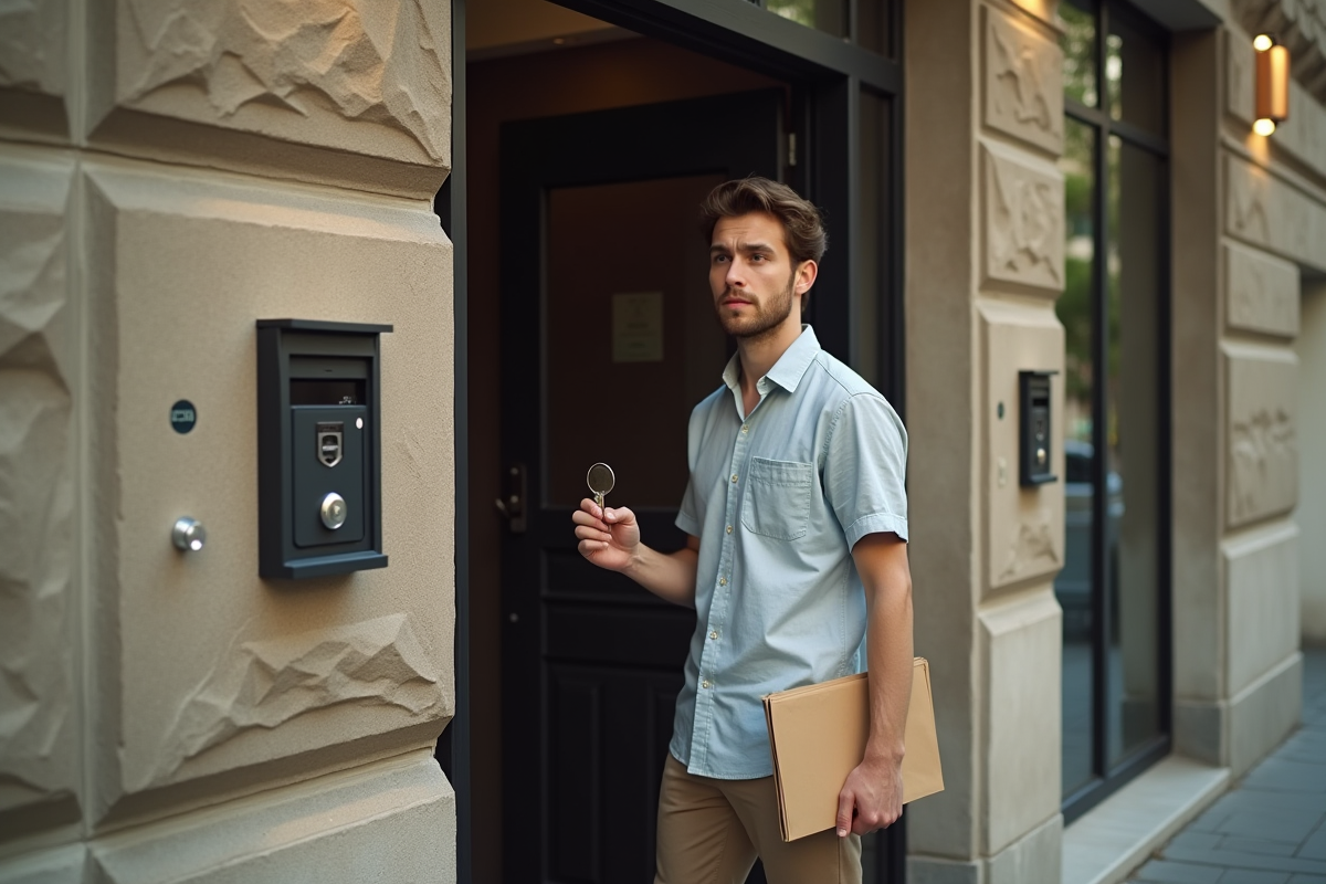 Jeune homme tenant une clé devant l