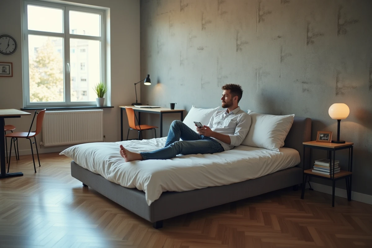 Jeune homme assis sur un canapé convertible dans un studio lumineux