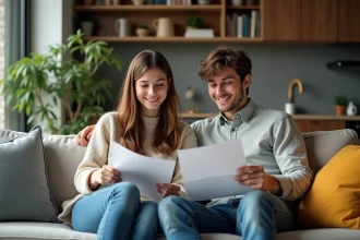 Jeunes adultes lisant des papiers dans un salon cosy