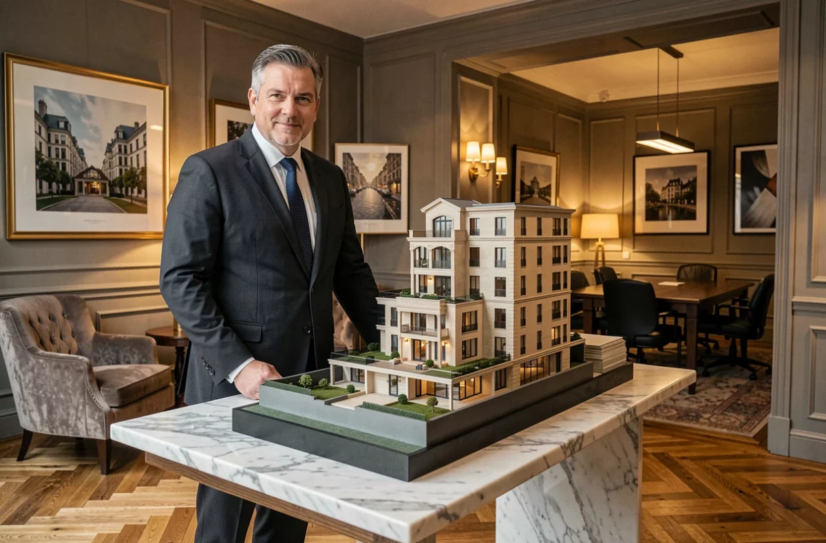 Agent Kretz Family Real Estate présentant une maquette architecturale dans un bureau luxueux à Boulogne-Billancourt