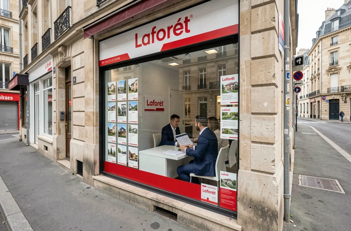 Façade d'une agence Laforêt avec son enseigne rouge et blanche dans une rue des Hauts-de-Seine