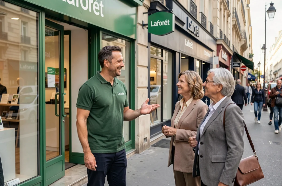Agent Laforêt Paris accueillant des clients devant l'agence immobilière sur une avenue parisienne animée