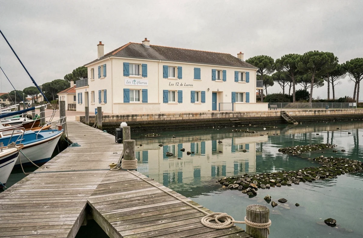 Immeuble d'appartements saisonniers Les 12 de Larros au port de Larros sur le Bassin d'Arcachon avec bateaux ostréicoles