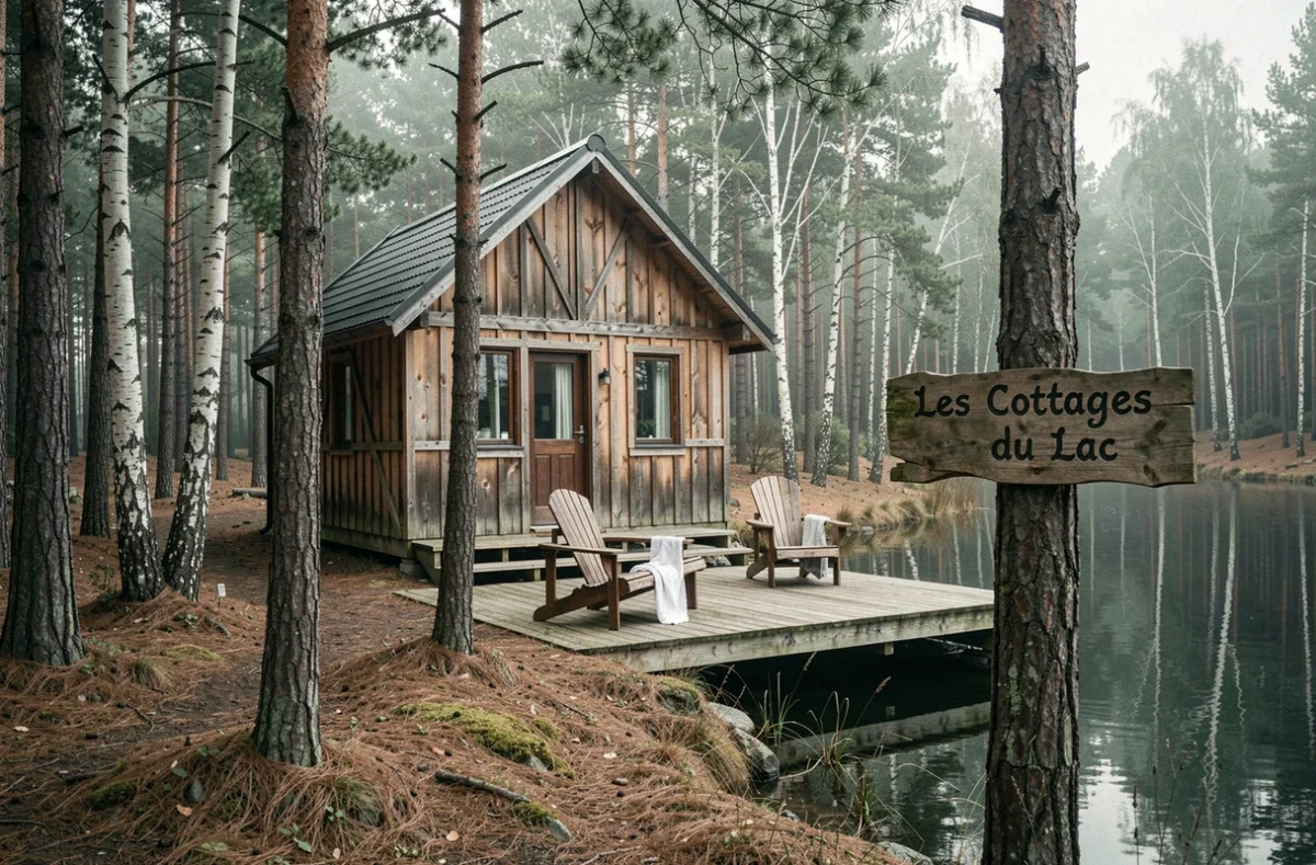 Chalet en bois des Cottages du Lac dans une forêt landaise au bord d'un lac avec terrasse et panneau en bois