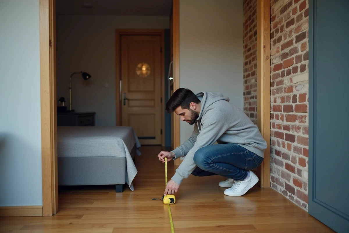 Jeune locataire mesurant la surface d'une chambre dans un petit studio parisien pour vérifier la conformité à la loi Carrez