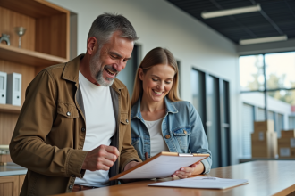 Couple examinant un contrat de location dans un selfstorage moderne