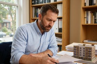 Propriétaire-investisseur analysant des documents comptables et patrimoniaux pour une location meublée dans un bureau à domicile