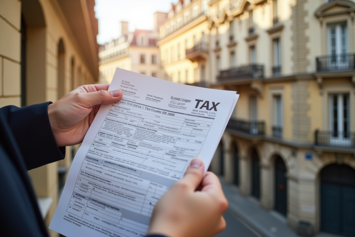 Mains tenant un formulaire fiscal français avec bâtiments anciens en soleil