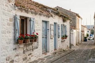 Façade d'une maison de pêcheur méditerranéenne en copropriété avec volets bleus et ruelles pavées dans un village côtier