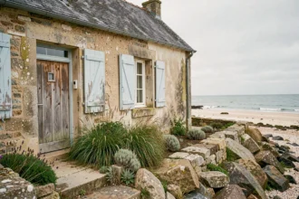 Petite maison de pêcheur en pierre avec volets bleus délavés au bord d'une côte bretonne rocheuse