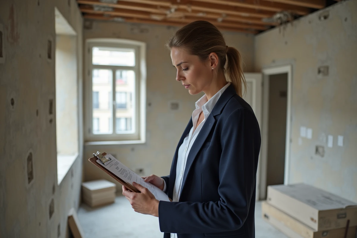 Investisseuse immobilière marchand de bien examinant un budget de rénovation dans un appartement en travaux, erreurs de calcul TVA