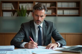Marchand de bien consultant des documents fiscaux TVA dans un bureau professionnel, expression préoccupée face aux erreurs comptables