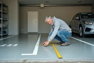 Homme mesurant la largeur d'une place de parking dans un garage fermé avec un mètre ruban jaune