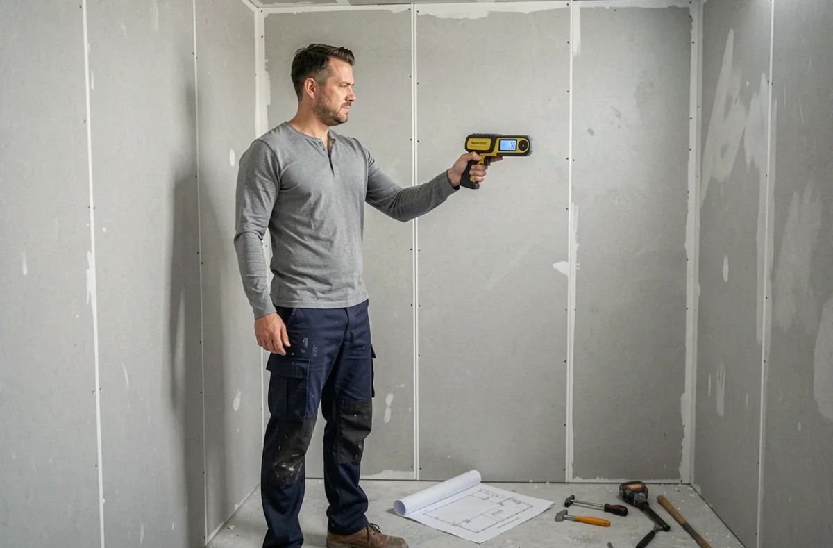 Homme utilisant un télémètre laser pour mesurer la superficie d'un mur intérieur dans une pièce en construction