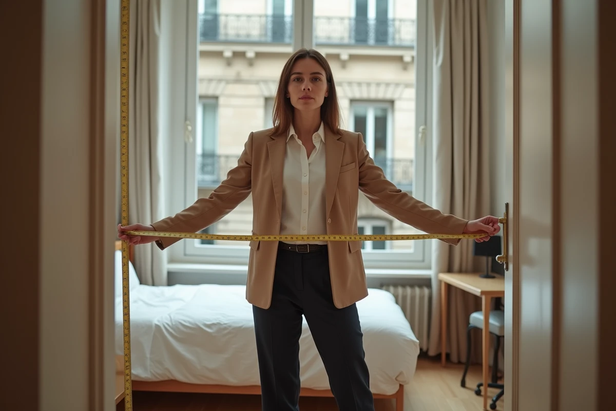 Professionnelle de l'immobilier mesurant la superficie d'une petite chambre meublée avec un mètre ruban dans un appartement locatif