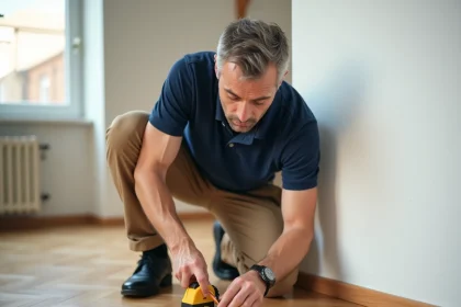 Professionnel mesurant la largeur d'une pièce avec un mètre ruban jaune sur parquet en bois