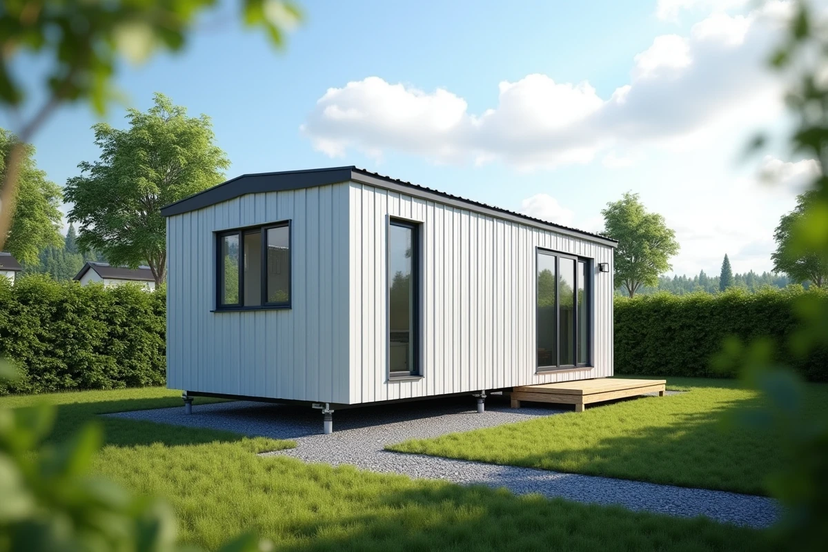 Mobil-home moderne installé sur un terrain privé résidentiel avec terrasse en bois