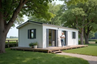 Femme installant un mobil home sur un terrain privé en milieu rural français