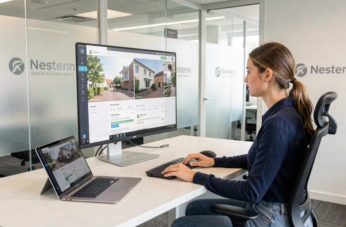 Agente Nestenn utilisant une plateforme numérique de visites virtuelles dans un bureau moderne et épuré