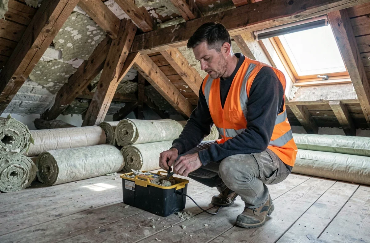 Diagnostiqueur NORDIAG réalisant un diagnostic amiante dans les combles d'une maison ancienne du Nord