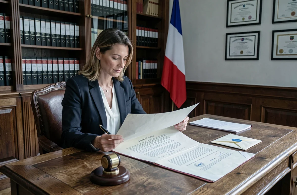 Notaire française examinant un acte de vente immobilière dans son étude pour sécuriser le partage du prix lors d'un divorce