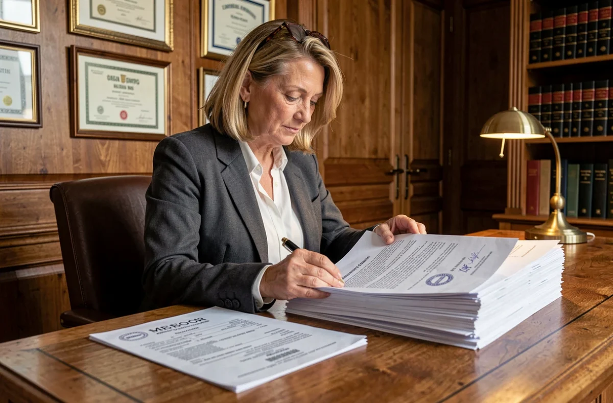 Notaire étudiant un dossier de cession de parcelles dans le cadre d'une procédure administrative PRL en Vendée