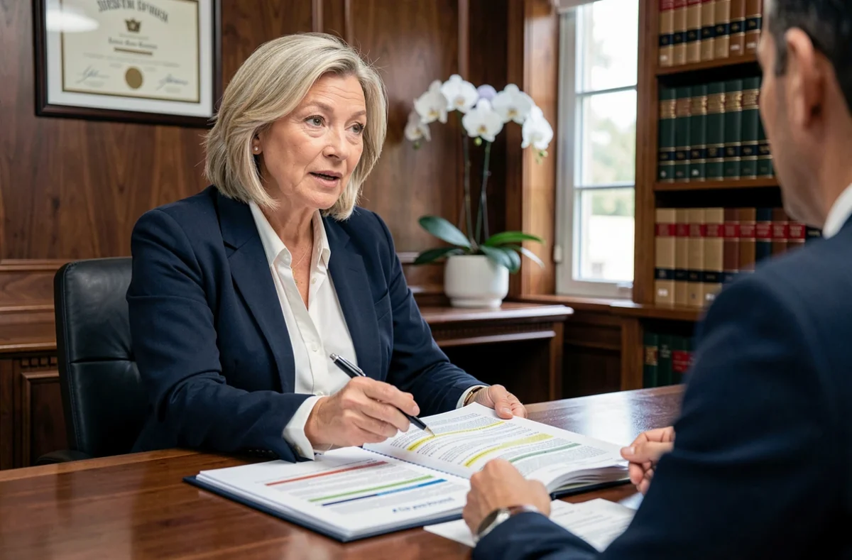 Notaire expliquant les frais de notaire liés à l'achat d'un terrain à bâtir à son client dans un bureau professionnel