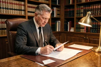 Notaire en costume sombre lisant une lettre officielle liée à une indivision successorale dans son bureau