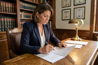 Notaire examinant une promesse de vente immobilière avec garantie d'éviction au bureau