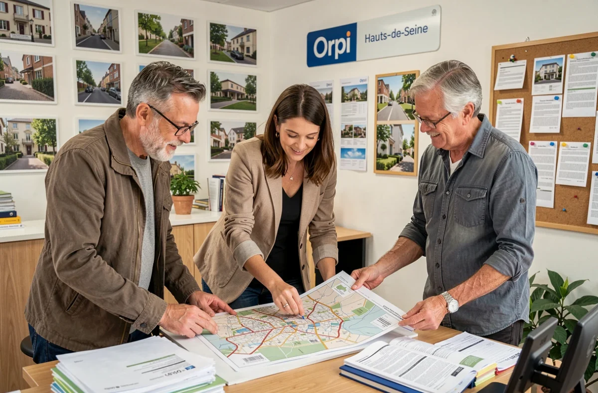 Trois agents Orpi en réunion autour d'une carte de quartier dans une agence coopérative indépendante