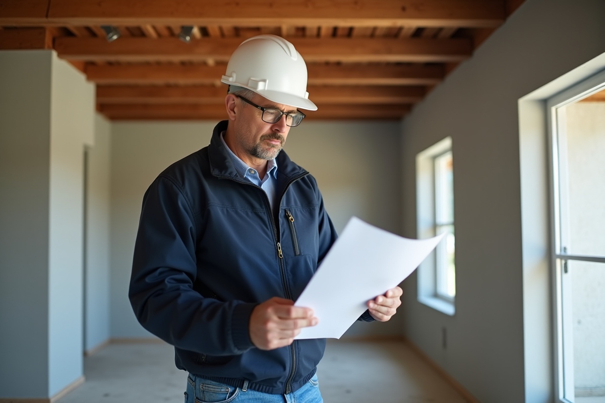 Ouvrier en chantier examinant des documents de construction
