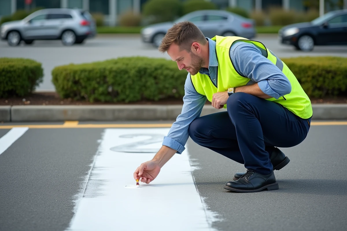 Ouvrier en gilet haute visibilité peint une ligne de parking