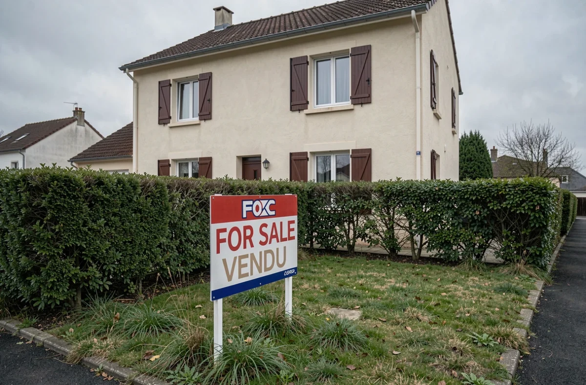 Pancarte À Vendre devant une maison pavillonnaire en Seine-et-Marne dans le cadre d'une vente urgente pour cause de divorce