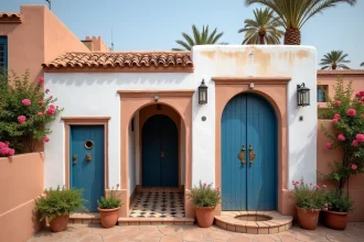 Petite villa traditionnelle à vendre à Marrakech avec façade blanchie et porte en bois bleu, dans un quartier résidentiel calme