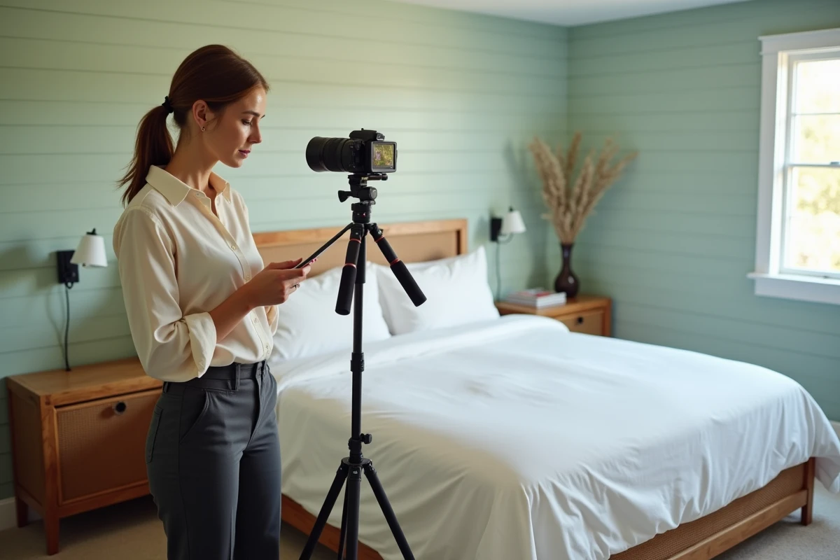 Photographe immobilière professionnelle configurant une caméra 360 dans une chambre de location saisonnière pour créer une visite virtuelle interactive