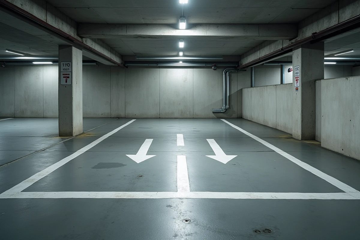 Place de parking en sous-sol dans un immeuble résidentiel avec marquage au sol