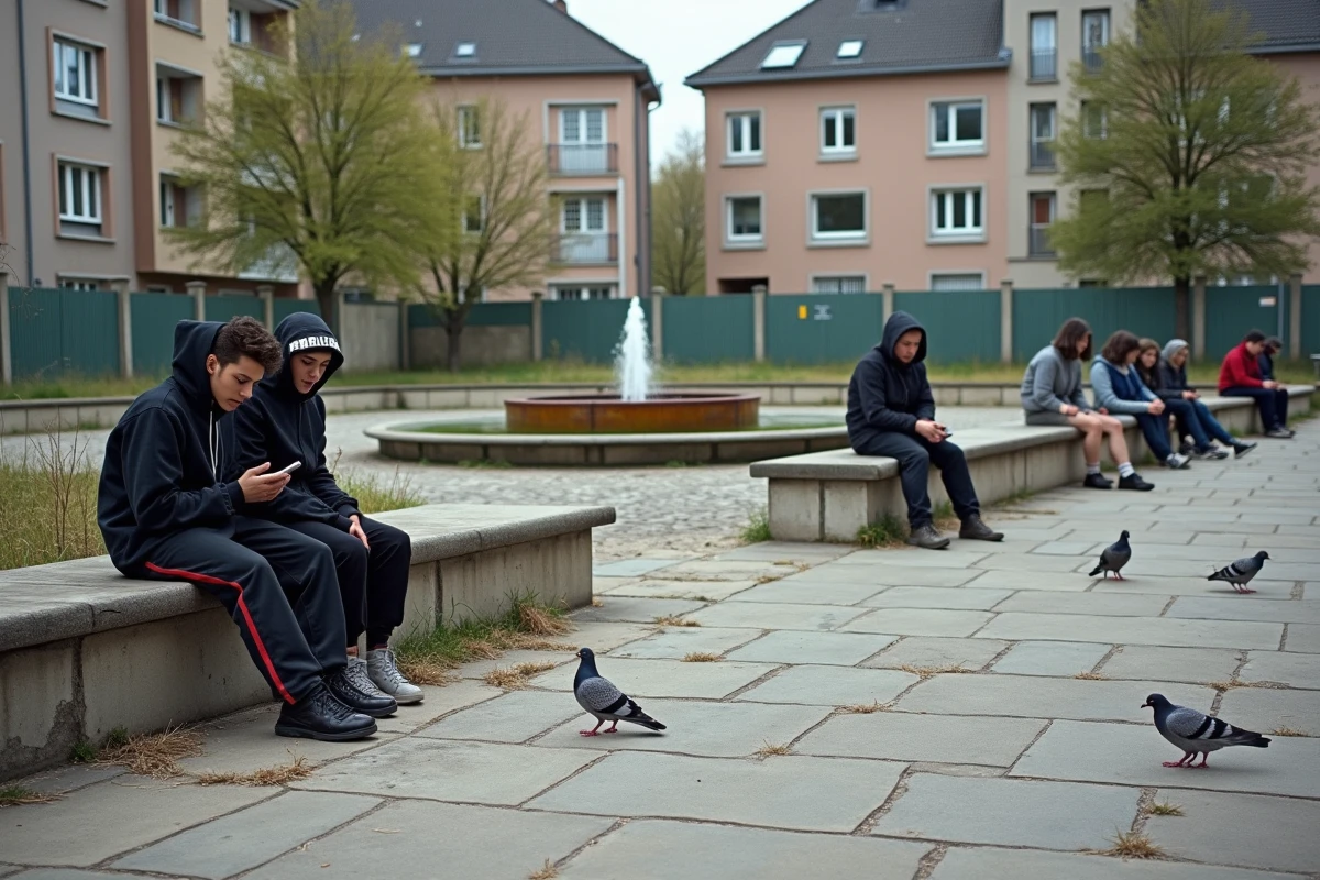 Place publique dégradée dans un quartier de Maisons-Alfort avec bancs vandalisés, sol fissuré et jeunes adultes désœuvrés en arrière-plan