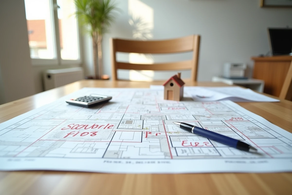 Plan cadastral avec annotations de prix au mètre carré sur un bureau de notaire avec calculatrice et figurine de maison