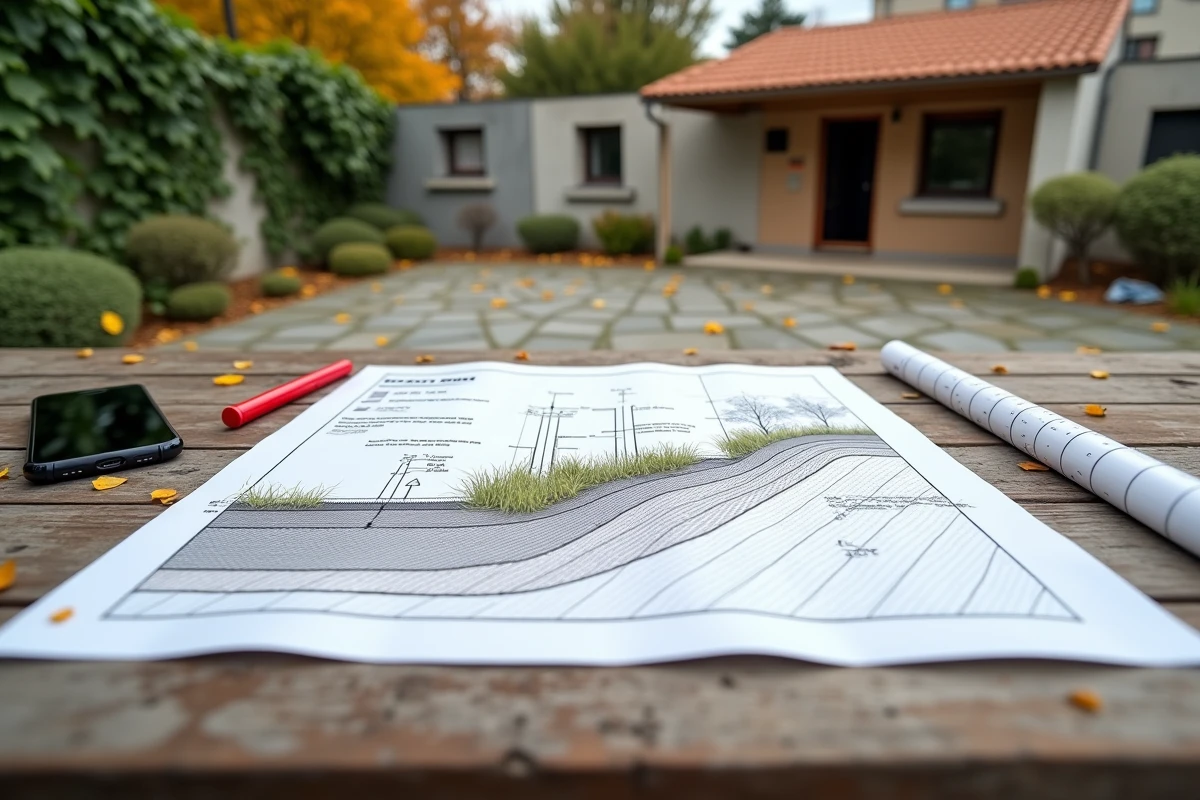 Plan de coupe terrain pour carport déposé sur table de jardin avec annotations techniques et règle pour dossier permis de construire