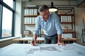 Urbaniste professionnel étudiant un plan de coupe terrain pour permis de construire garage sur table à dessin en bureau d'architecture