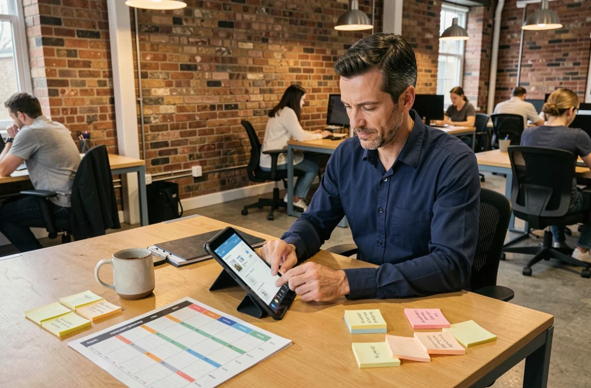 Homme consultant un planning de réservation immobilière sur tablette dans un espace de coworking