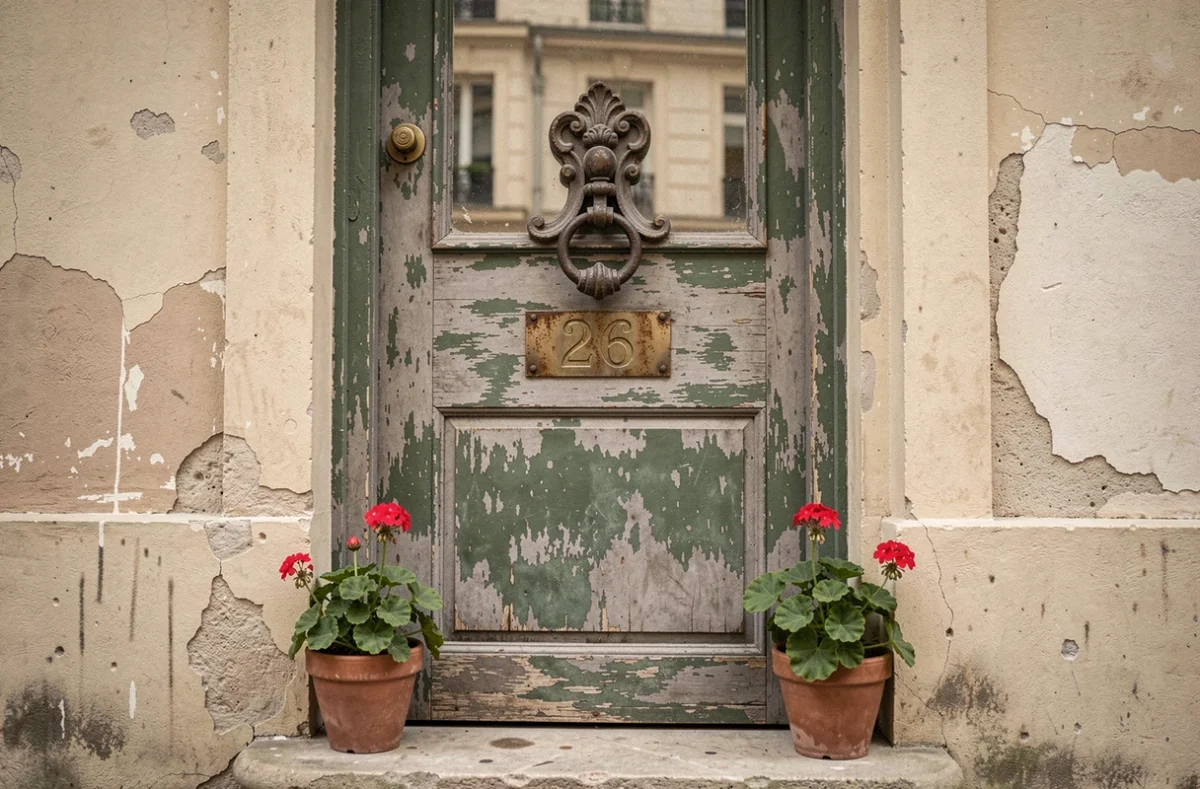 Porte d'entrée numéro 26 d'un immeuble parisien typique avec détails en fer forgé et plaque en laiton