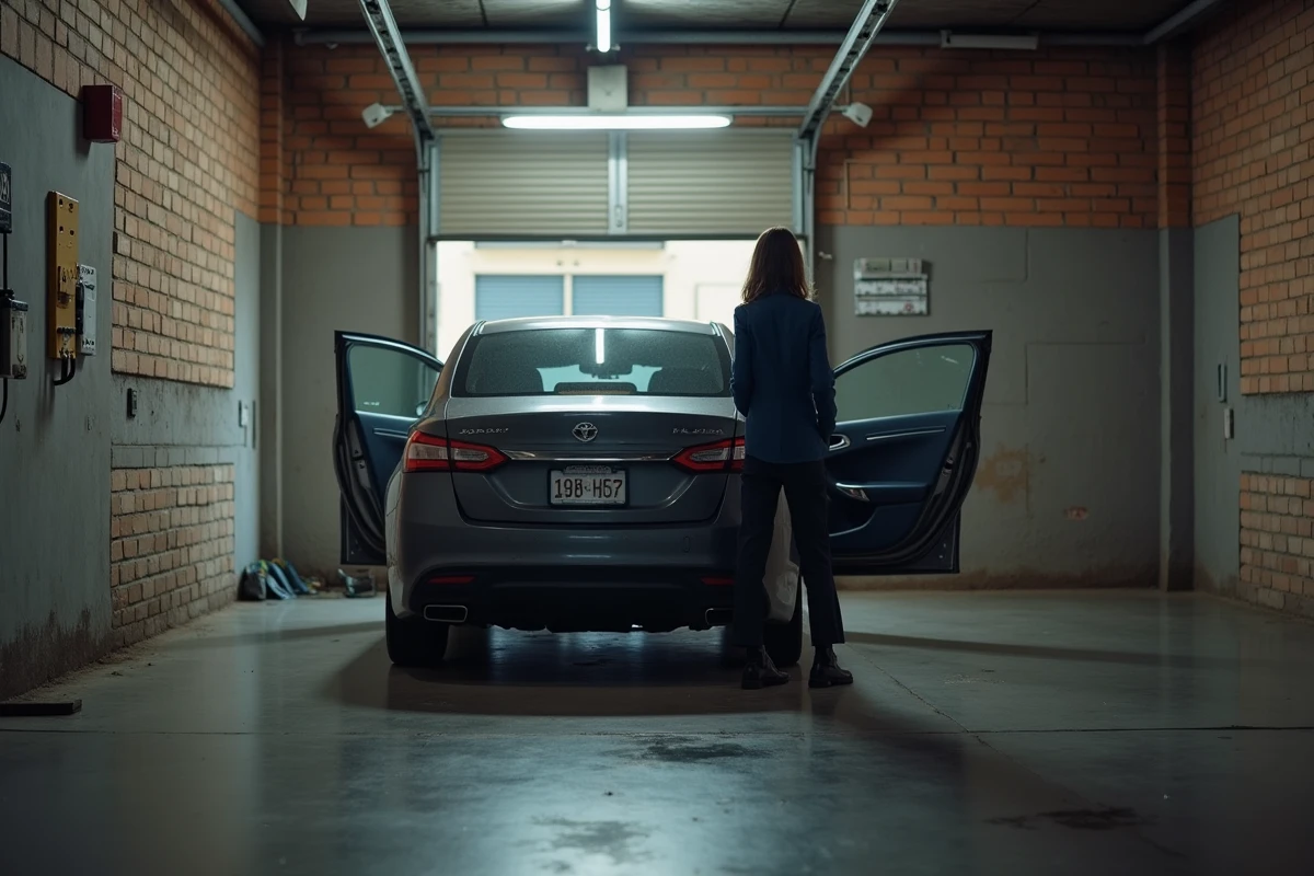 Femme ouvrant la portière d'une voiture dans un garage étroit illustrant le manque de largeur de la place de stationnement