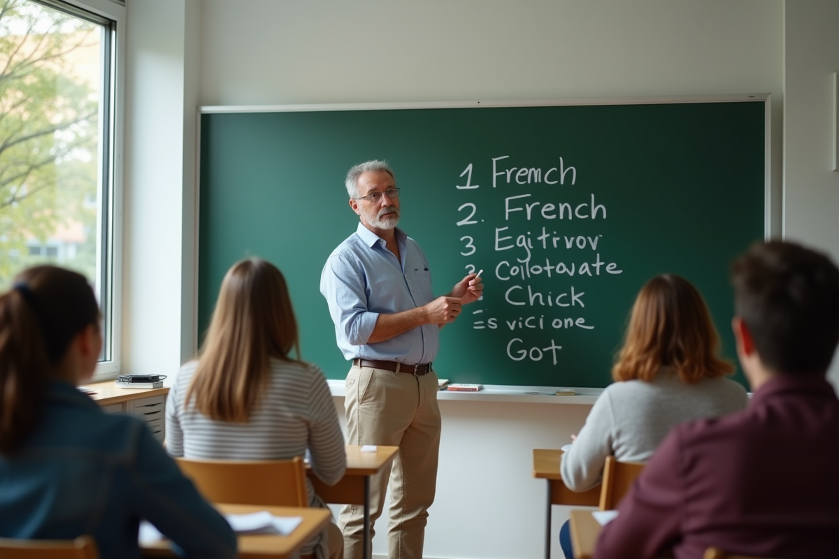 Professeur enseigne le français à un groupe d
