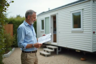 Professionnel examinant les documents de conformité loi ALUR devant un mobil-home résidentiel moderne