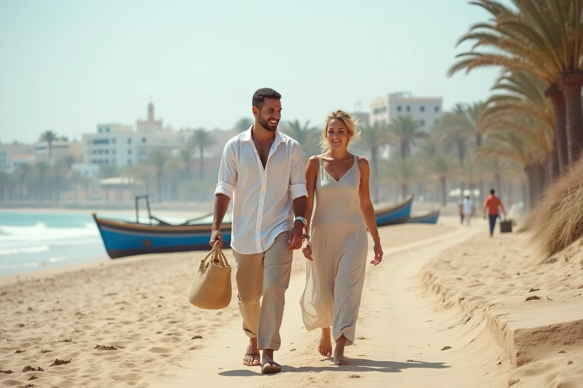 Couple en promenade sur la plage d'Essaouira près des bateaux de pêcheurs, quartier idéal pour une location de vacances