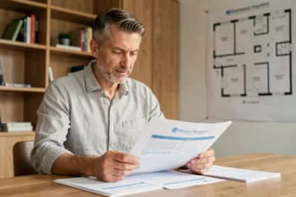 Propriétaire non-occupant examinant son contrat d'assurance multirisque immeuble PNO à son bureau