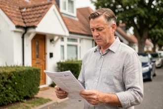 Propriétaire bailleur devant sa maison individuelle consultant des documents d'assurance PNO