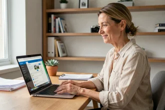 Propriétaire consultante son espace MyFoncia sur un ordinateur portable depuis son bureau à domicile