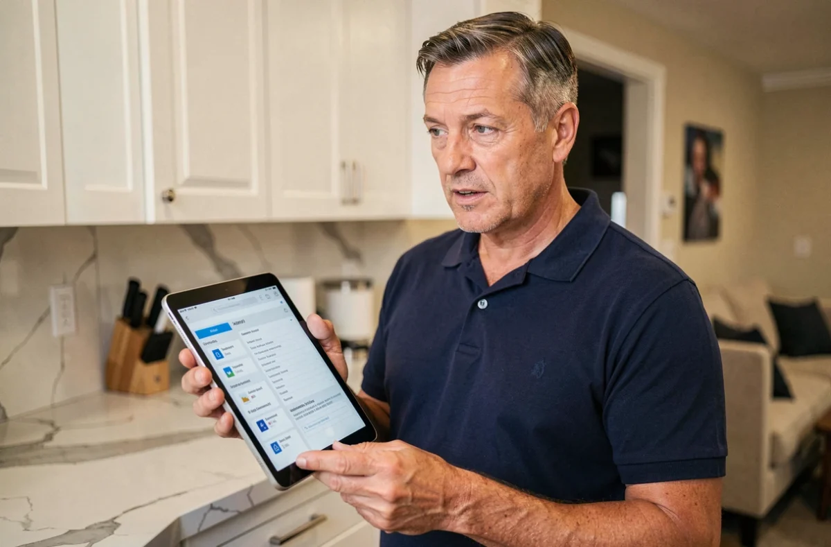 Propriétaire masculin accédant à ses documents de gestion locative sur une tablette dans sa cuisine